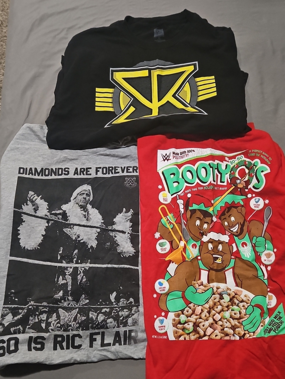 3 Vtg WWE T-shirts The New Day "Booty-O's" Holiday + Seth Rollins + Ric Flair XL
